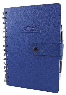 Agenda A5, 15 x 21 cm, datata 2023, cu o zi lucratoare pe pagina, 360 pagini, cu coperta flexibila premium din piele ecologica albastra cu clapa, inel pix si buzunar interior. Poza 1631