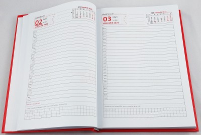 Agenda B5, 17 x 24 cm, datata 2023 cu o zi lucratore pe pagina, 360 pagini, coperta buretata rosie imprimata cu folio auriu si bloc cusut. Poza 1812
