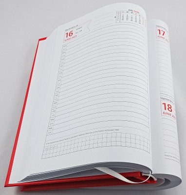 Agenda B5, 17 x 24 cm, datata 2023 cu o zi lucratore pe pagina, 360 pagini, coperta buretata rosie imprimata cu folio auriu si bloc cusut. Poza 1816