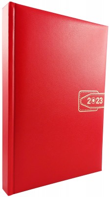 Agenda B5, 17 x 24 cm, datata 2023 cu o zi lucratore pe pagina, 360 pagini, coperta buretata rosie imprimata cu folio auriu si bloc cusut. Poza 1818