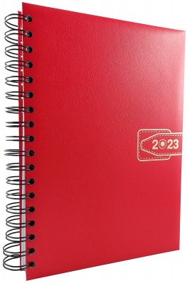 Agenda B5 datata 2023 cu o zi lucratoare pe pagina, 360 pagini, coperta buretata rosie, legata cu spira metalica. Poza 1831