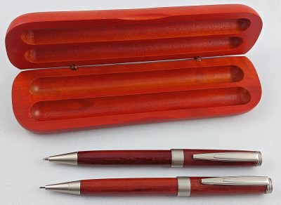 Set de birou cu pix si creion mecanic din lemn, mina albastra, in cutie din lemn de trandafir. Poza 1930