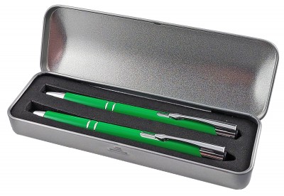 Set cu pix metalic verde cu mina albastra si creion mecanic verde in cutie metalica argintie. Poza 1965