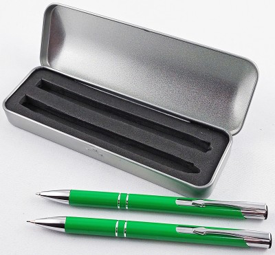 Set cu pix metalic verde cu mina albastra si creion mecanic verde in cutie metalica argintie. Poza 1966