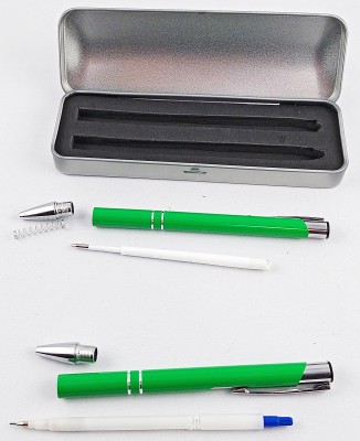 Set cu pix metalic verde cu mina albastra si creion mecanic verde in cutie metalica argintie. Poza 1967