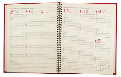 Agenda A4 datata 2024 pentru programari, cu 152 pagini, coperta buretata rosie cu spira metalica neagra semiascunsa. Poza 2013
