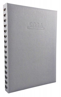 Agenda A5 datata 2024, 360 pagini, o zi lucratoare pe pagina, coperta buretata gri, legata cu spira semiascunsa neagra. Poza 2175