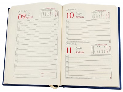 Agenda A5 datata 2024, 360 pagini, o zi lucratoare pe pagina, coperta buretata de culoare albastru royal, cu bloc cusut. Poza 2513