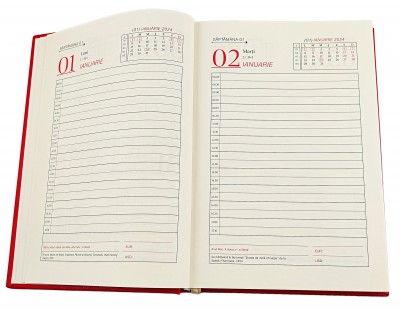 Agenda A5 datata 2024, 360 pagini, o zi lucratoare pe pagina, coperta buretata de culoare rosie, cu bloc cusut. Poza 2530