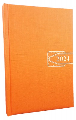 Agenda A5 datata 2024, format 15 x 21 centimetri, 360 pagini, o zi lucratoare pe pagina, coperta buretata de culoare portocalie, cu bloc cusut. Poza 2861