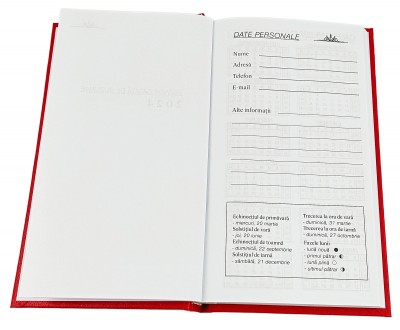 Agenda de buzunar, datata 2024, format 9,5 x 16,5 cm, cu 120 pagini,  coperta de culoare rosie, bloc cusut. Poza 2901