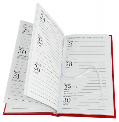 Agenda de buzunar, datata 2024, format 9,5 x 16,5 cm, cu 120 pagini,  coperta de culoare rosie, bloc cusut. Poza 2902
