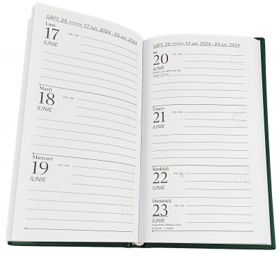 Agenda de buzunar, datata 2024, format 9,5 x 16,5 cm, cu 120 pagini,  coperta de culoare verde inchis, bloc cusut. Poza 2920