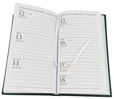Agenda de buzunar, datata 2024, format 9,5 x 16,5 cm, cu 120 pagini,  coperta de culoare verde inchis, bloc cusut. Poza 2921