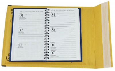 Agenda de buzunar datata 2024, format 95 x 165 mm, cu coperta albastru royal, cu an imprimat cu folio auriu, 120 pagini, legare cu spira metalica neagra semiascunsa. Poza 2937