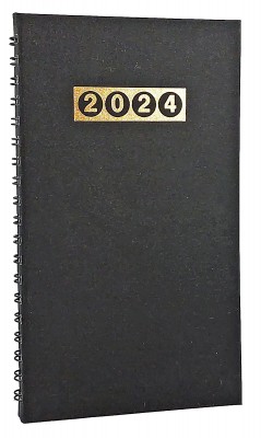 Agenda de buzunar datata 2024, format 95 x 165 mm, cu coperta negru mat, cu an imprimat cu folio auriu, 120 pagini, legare cu spira metalica neagra semiascunsa. Poza 2950