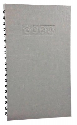 Agenda de buzunar datata 2024, format 95 x 165 mm, cu coperta gri deschis, cu an imprimat cu folio auriu, 120 pagini, legare cu spira metalica neagra semiascunsa. Poza 2965