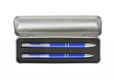 Set cu pix metalic albastru si creion mecanic in cutie argintie